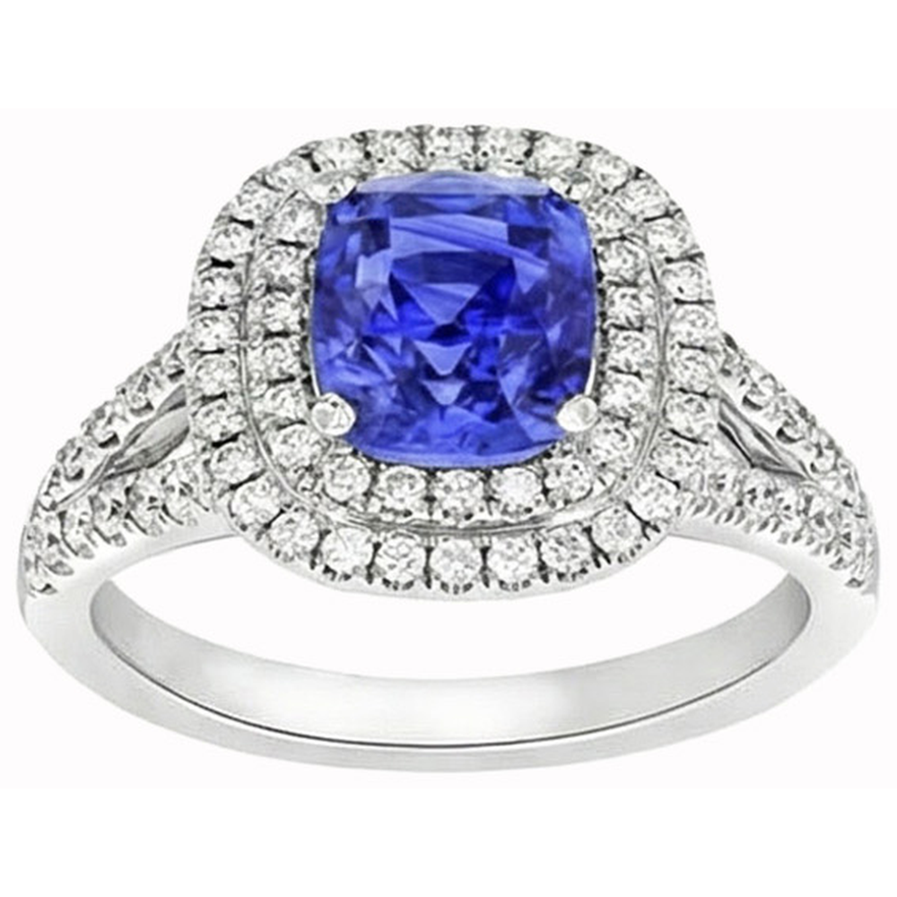 Ceylon Sapphire Double Halo Ring Solid Gold 14K Jewellery 3.5 Ct