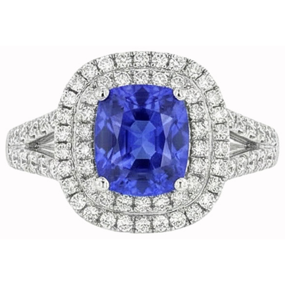 Ceylon Sapphire Double Halo Ring Solid Gold 14K Jewellery 3.5 Ct
