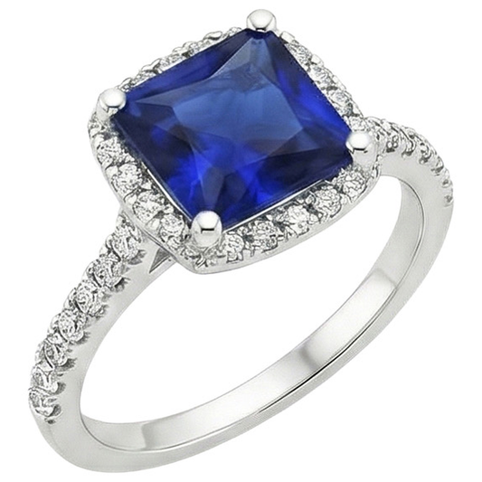 Ceylon Sapphire Halo Natural Earth Mined Diamond Ring 6 Carat Princess Cut With Accents