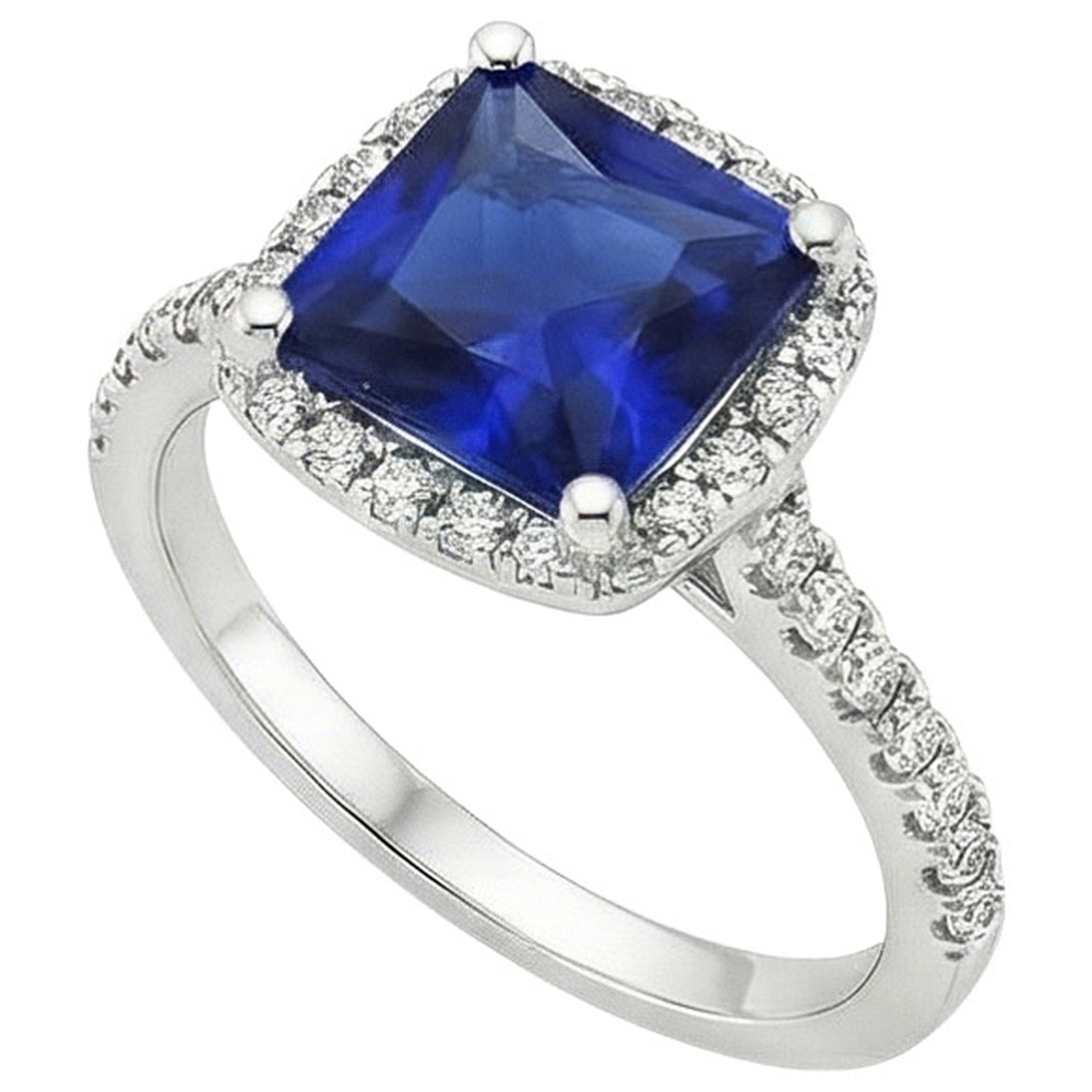 Ceylon Sapphire Halo Natural Earth Mined Diamond Ring 6 Carat Princess Cut With Accents