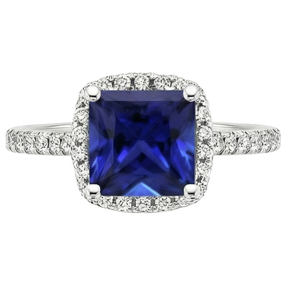 Ceylon Sapphire Halo Natural Earth Mined Diamond Ring 6 Carat Princess Cut With Accents