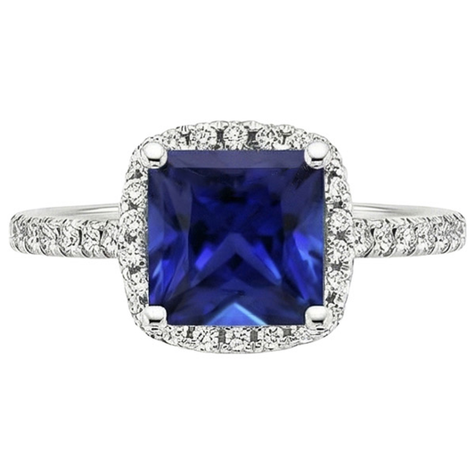 Ceylon Sapphire Halo Natural Earth Mined Diamond Ring 6 Carat Princess Cut With Accents