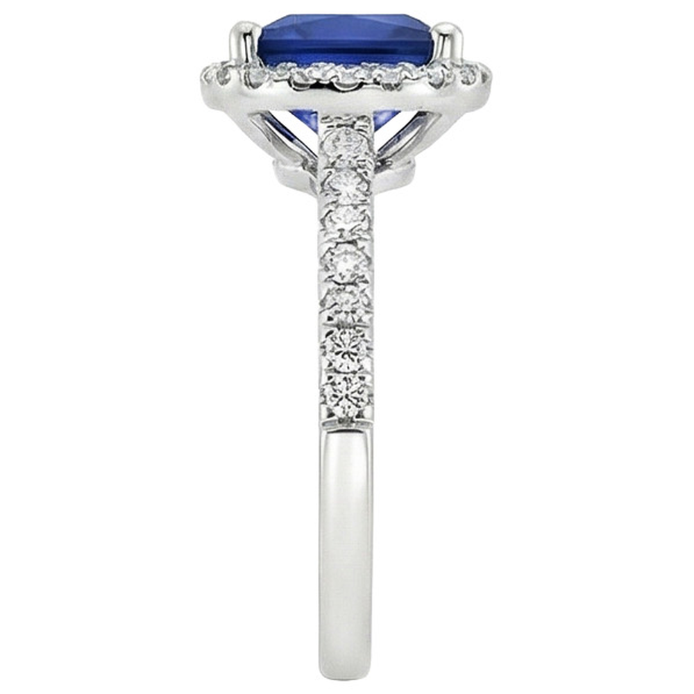 Ceylon Sapphire Halo Natural Earth Mined Diamond Ring 6 Carat Princess Cut With Accents