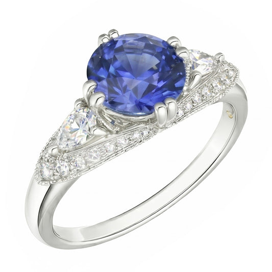 Ceylon Sapphire Round Natural Earth Mined Diamond Ring Antique Style 2.75 Carats