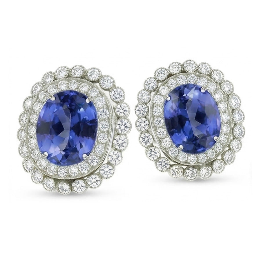 Ceylon Sapphire Round Oval Natural Earth Mined DIAMOND ( NOT LAB GROWN ) Halo Stud Earrings 5.50 Ct. WG 14K