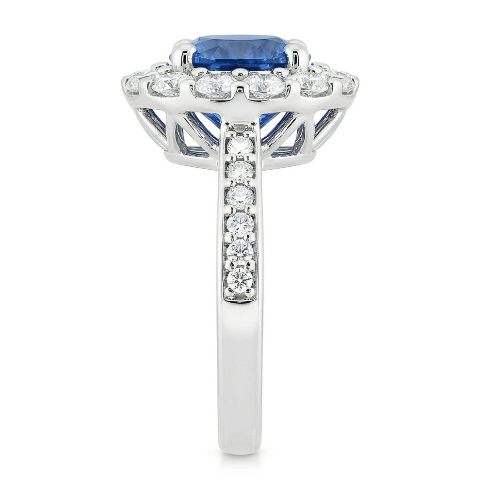 Ceylon Sapphire & Halo Natural Earth Mined Diamond Wedding Ring 3.50 Carats White Gold 14K