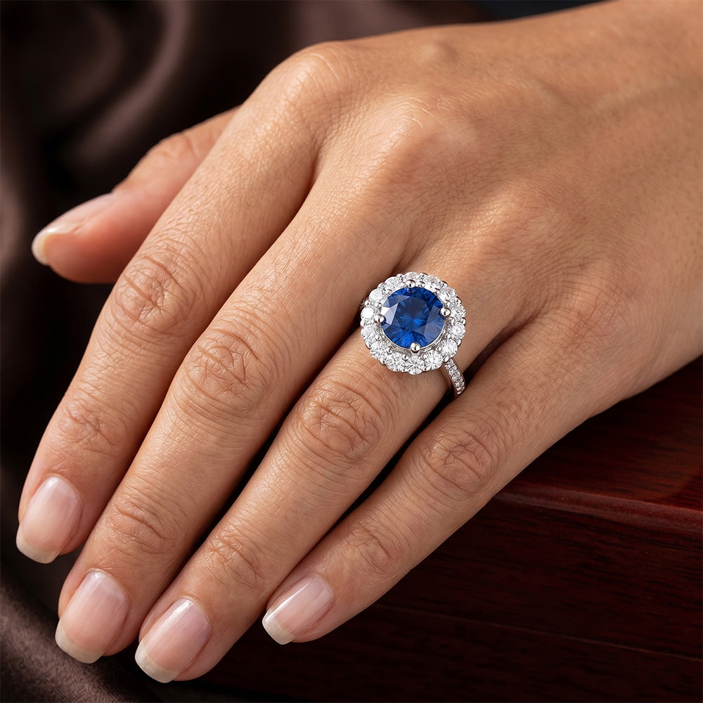 Ceylon Sapphire & Halo Natural Earth Mined Diamond Wedding Ring 3.50 Carats White Gold 14K