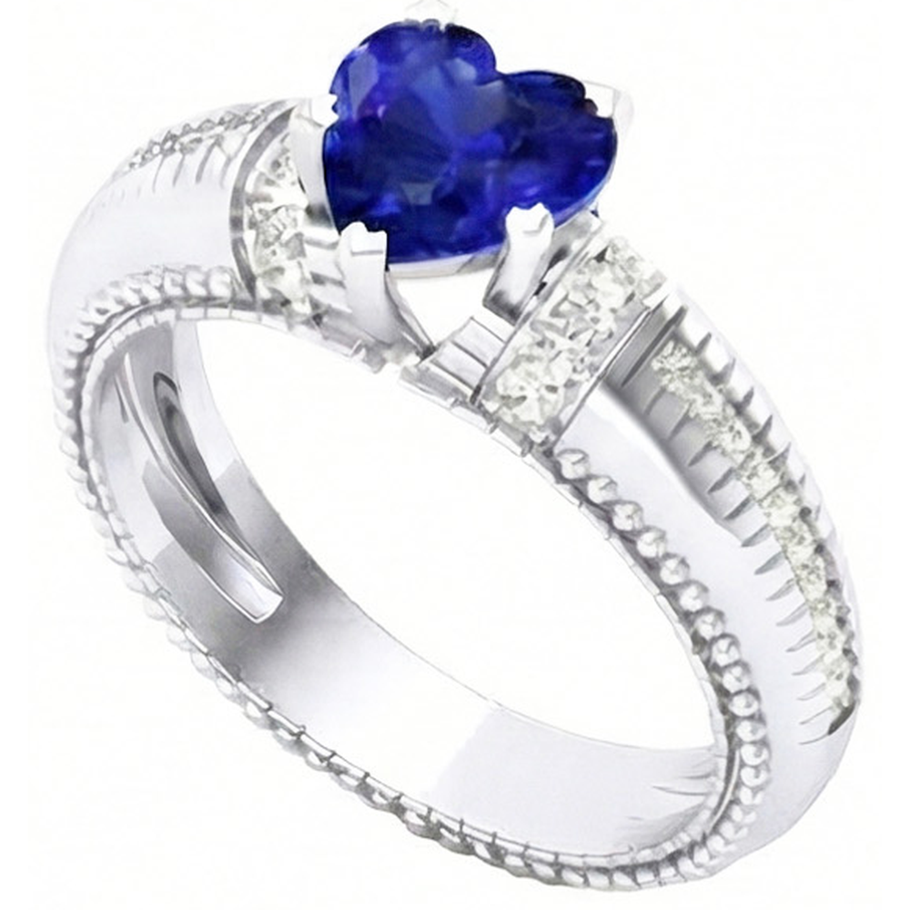 Ceylon Sapphire & Natural Earth Mined Diamond Ring Heart Cut Milgrain Shank 2 Carats