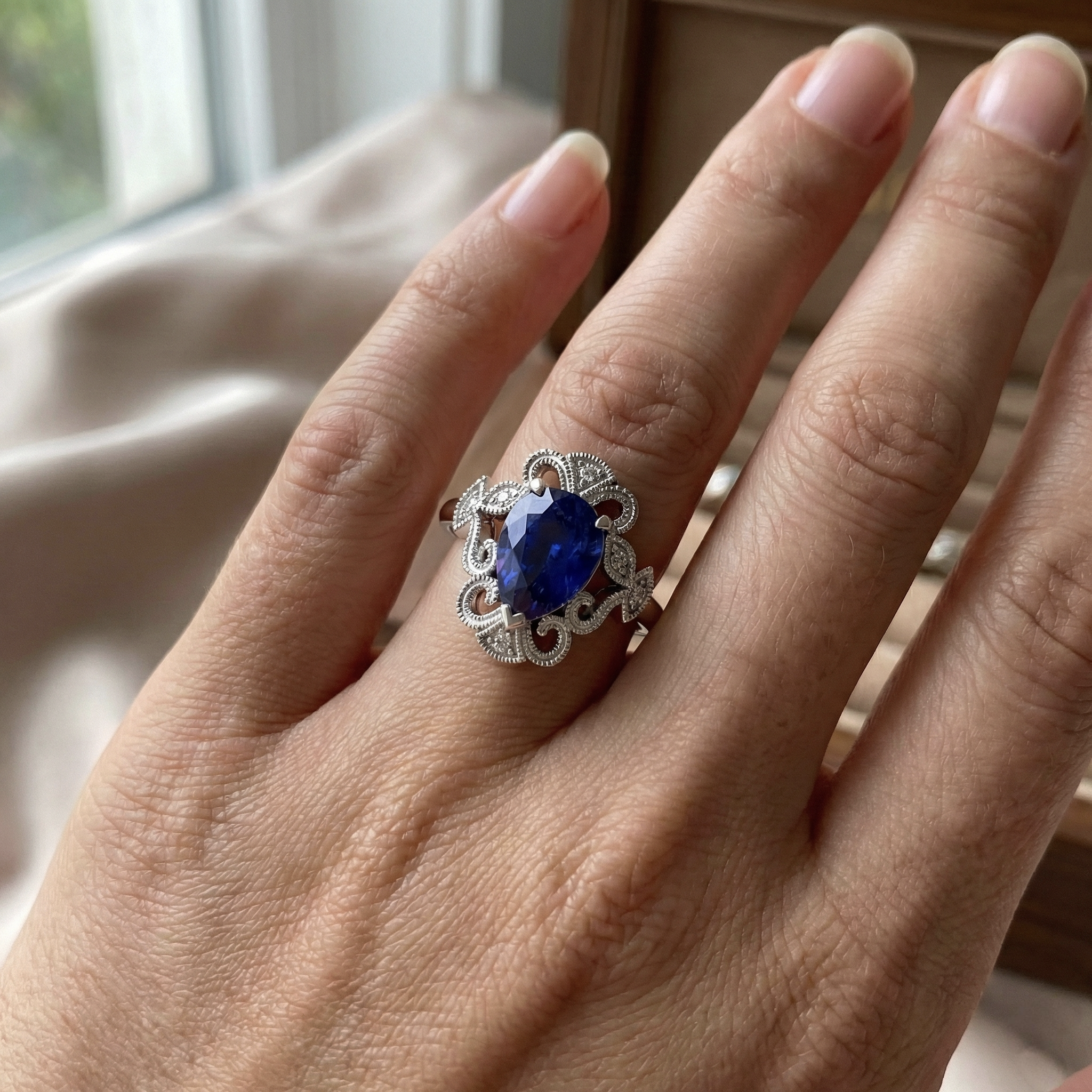 Royal Blue Sapphire Pear Shape Precious Stone Ring in 14K White Gold – back view