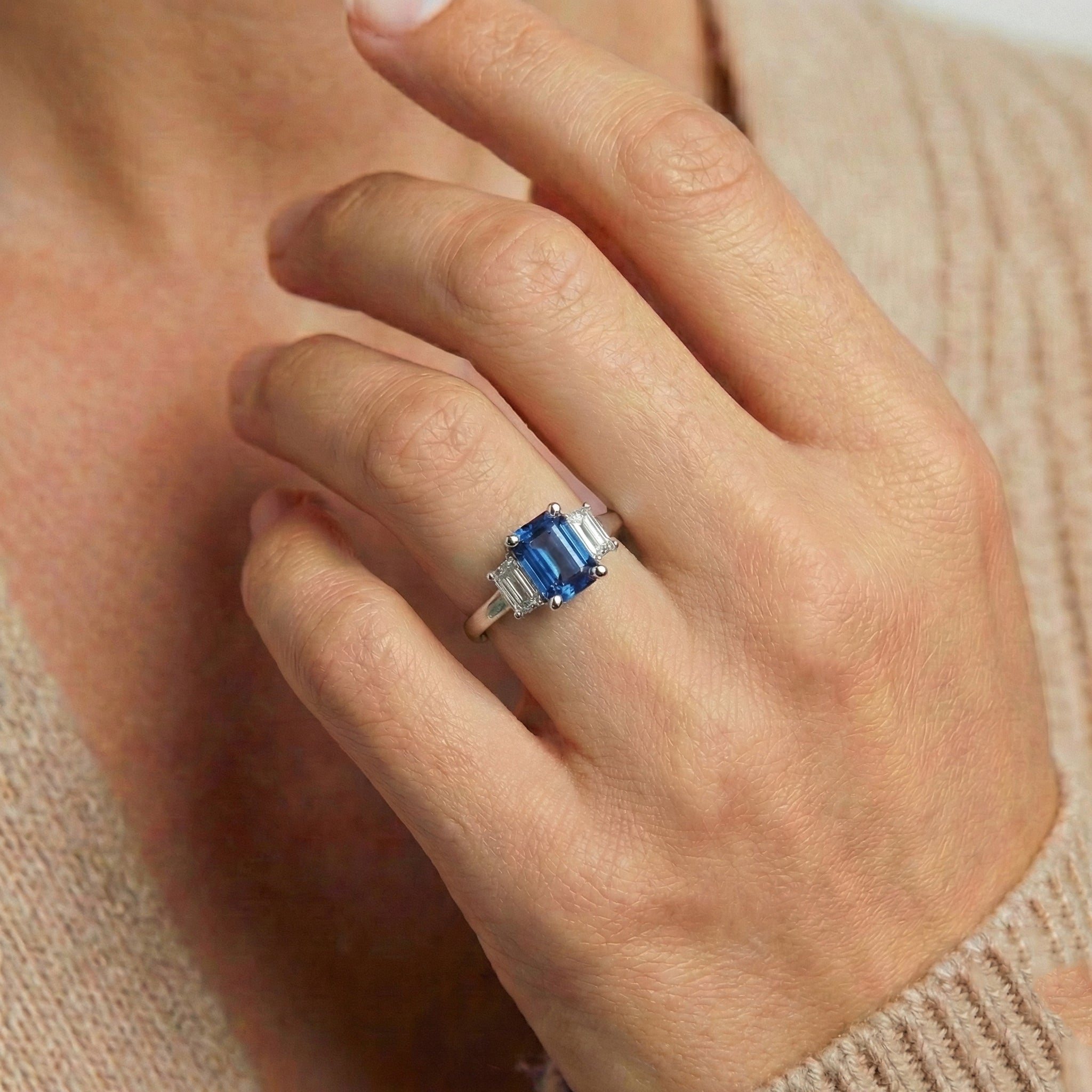 Ceylon Sapphire 3 Stone Ring Radiant & Emerald Natural Earth Mined Diamonds 2.50 Carats