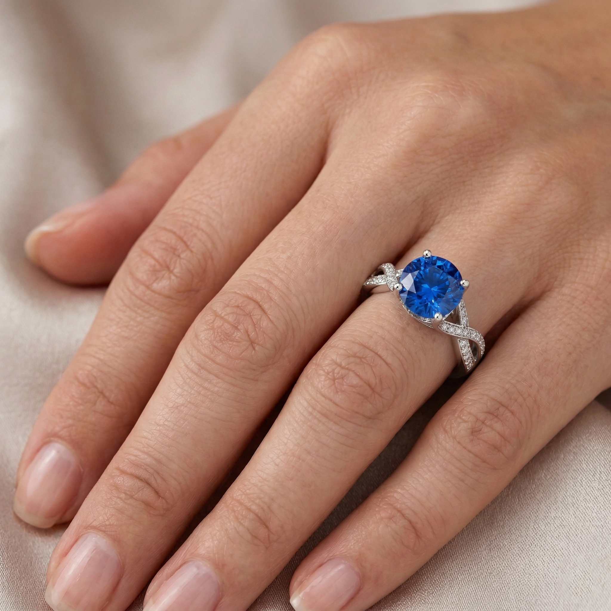 Ceylon Sapphire And Round Natural Earth Mined DIAMOND ( NOT LAB GROWN )s 3 Ct Ring White Gold 14K