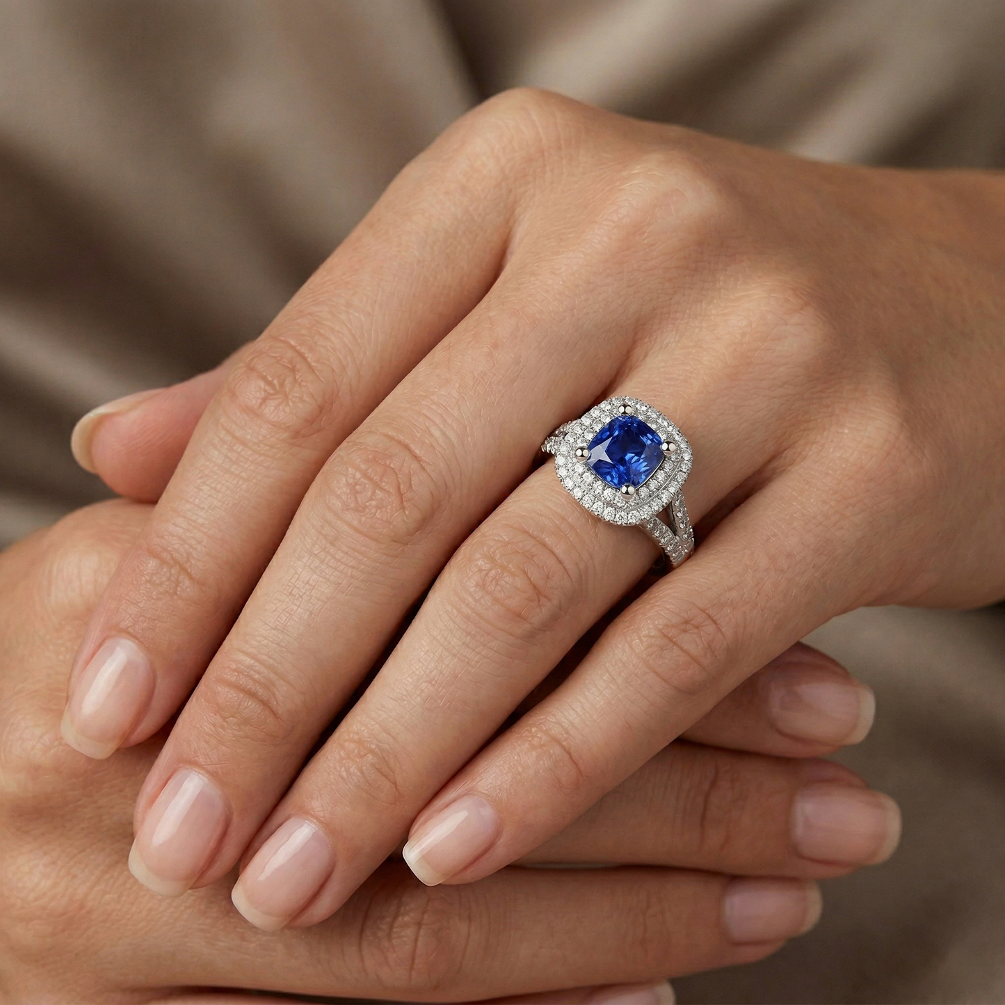 Ceylon Sapphire Double Halo Ring Solid Gold 14K Jewellery 3.5 Ct