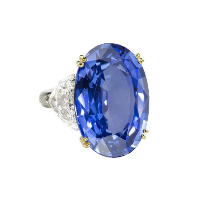 Ceylon Color Sapphire Oval And Trillion IGI CERTIFIED Diamonds Ring 3-Stone