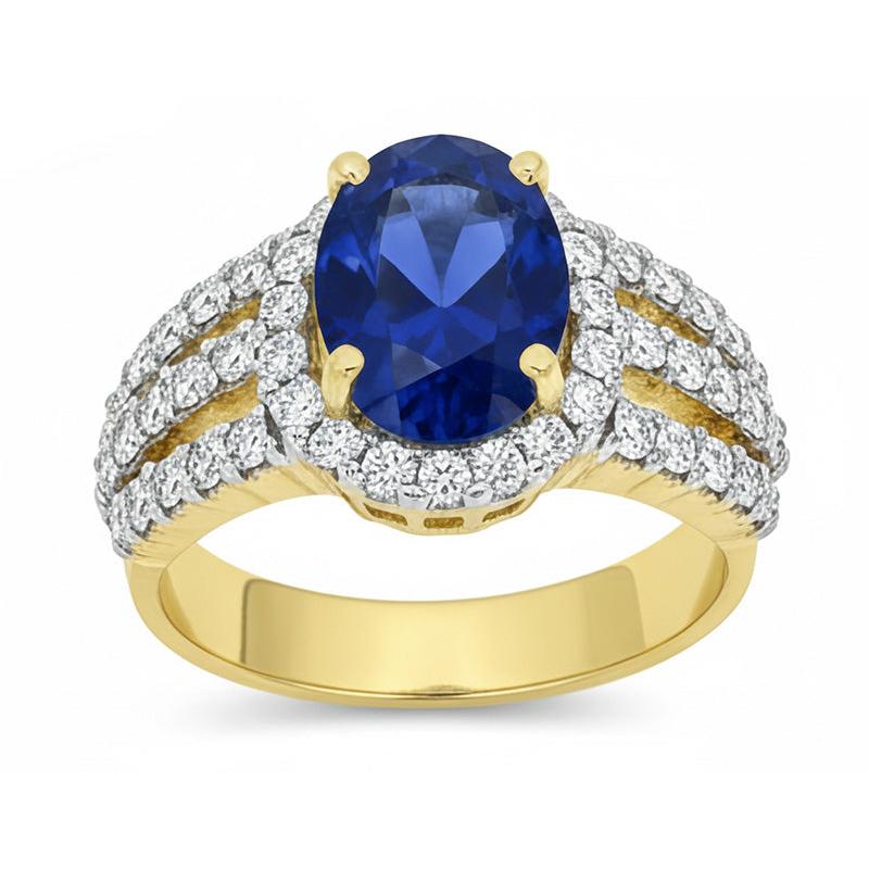 Ceylon Sapphire Oval And Round Natural Earth Mined Diamonds Ring Gold 14K 3.51 Carats