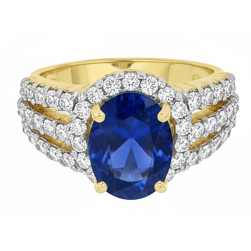 Ceylon Sapphire Oval And Round Natural Earth Mined Diamonds Ring Gold 14K 3.51 Carats