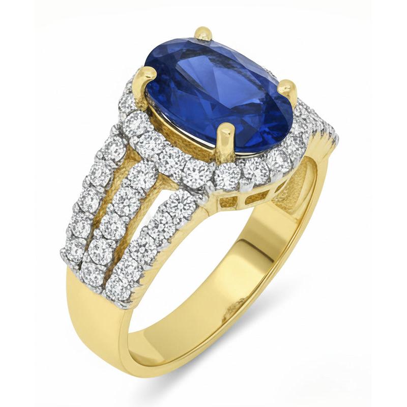 Ceylon Sapphire Oval And Round Natural Earth Mined Diamonds Ring Gold 14K 3.51 Carats