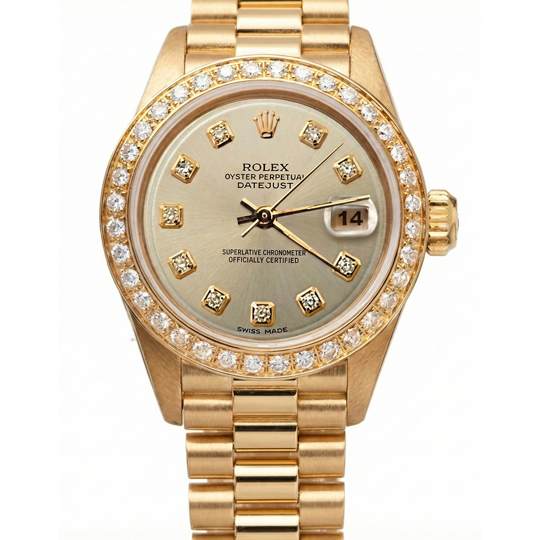 Champagne Natural Earth Mined Diamond Dial Rolex Watch President Style Yg Bezel