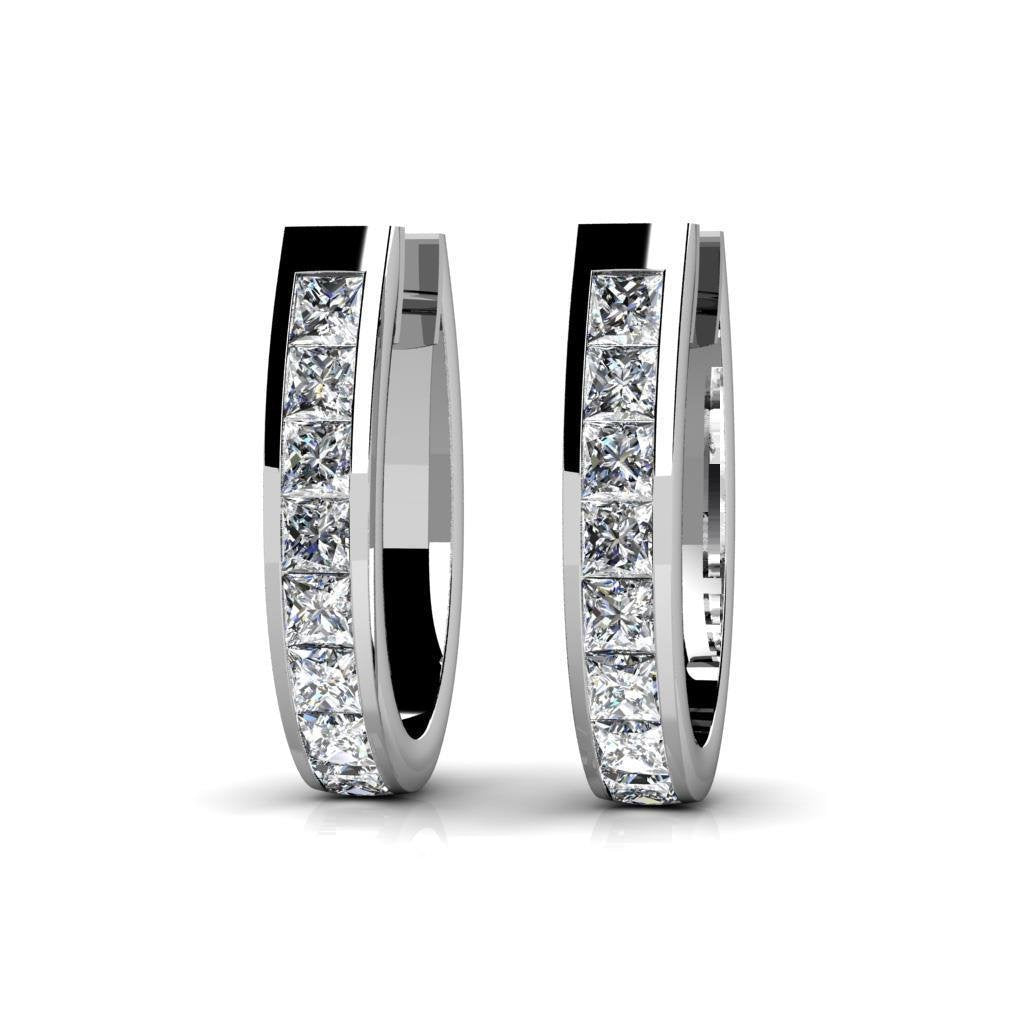 Channel Set 2.40 Ct Princess Cut Natural Diamonds Hoop Earrings White Gold 14K