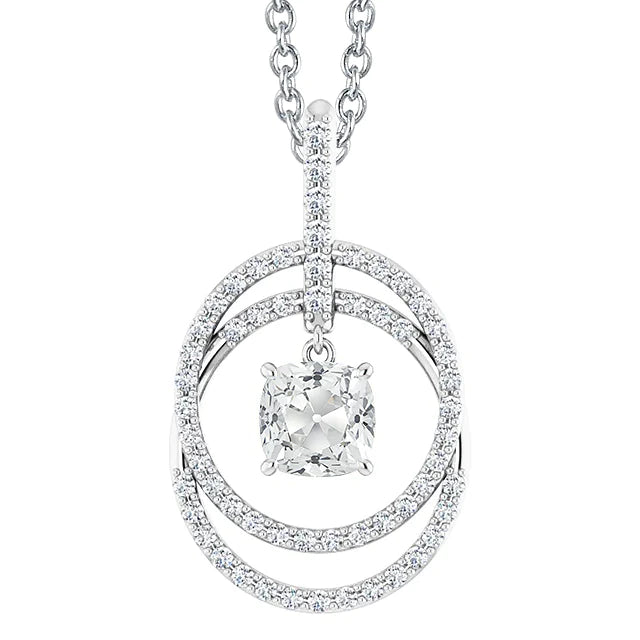 Circle Pendant Cushion Old Cut 4 Real Diamond Carats Prong Set 14K
