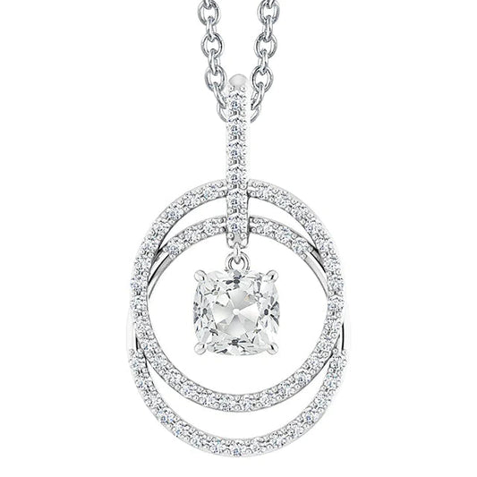 Circle Pendant Cushion Old Cut 4 Real Diamond Carats Prong Set 14K