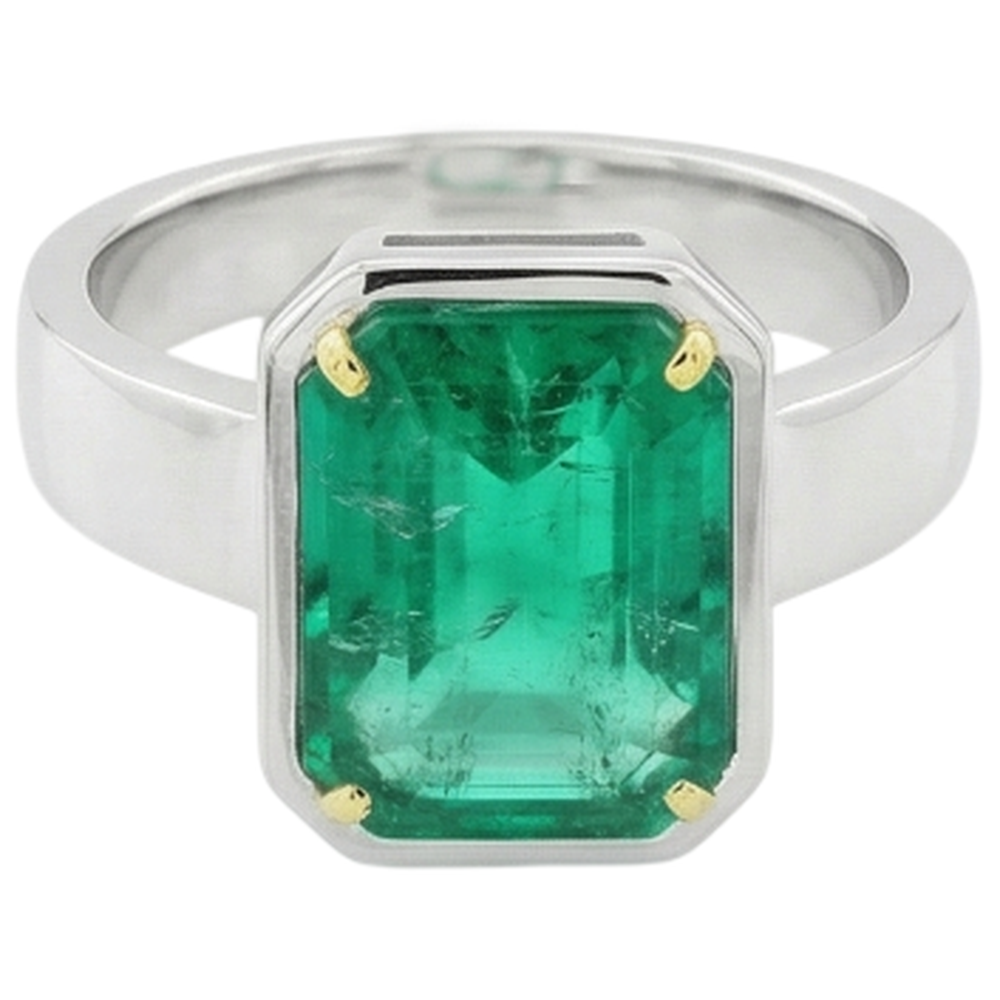 Step Cut Fine Emerald ring in Two-Tone 14K Gold – front view