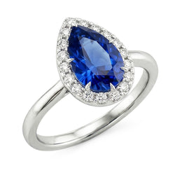 Classic Halo Natural Earth Mined Diamond Ring Pear Sapphire Center Gold 14K 6.75 Carats