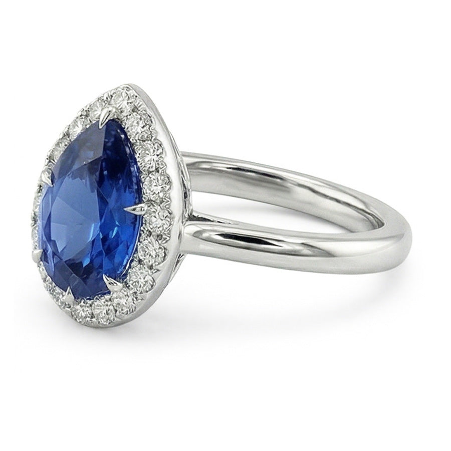 Classic Halo Natural Earth Mined Diamond Ring Pear Sapphire Center Gold 14K 6.75 Carats