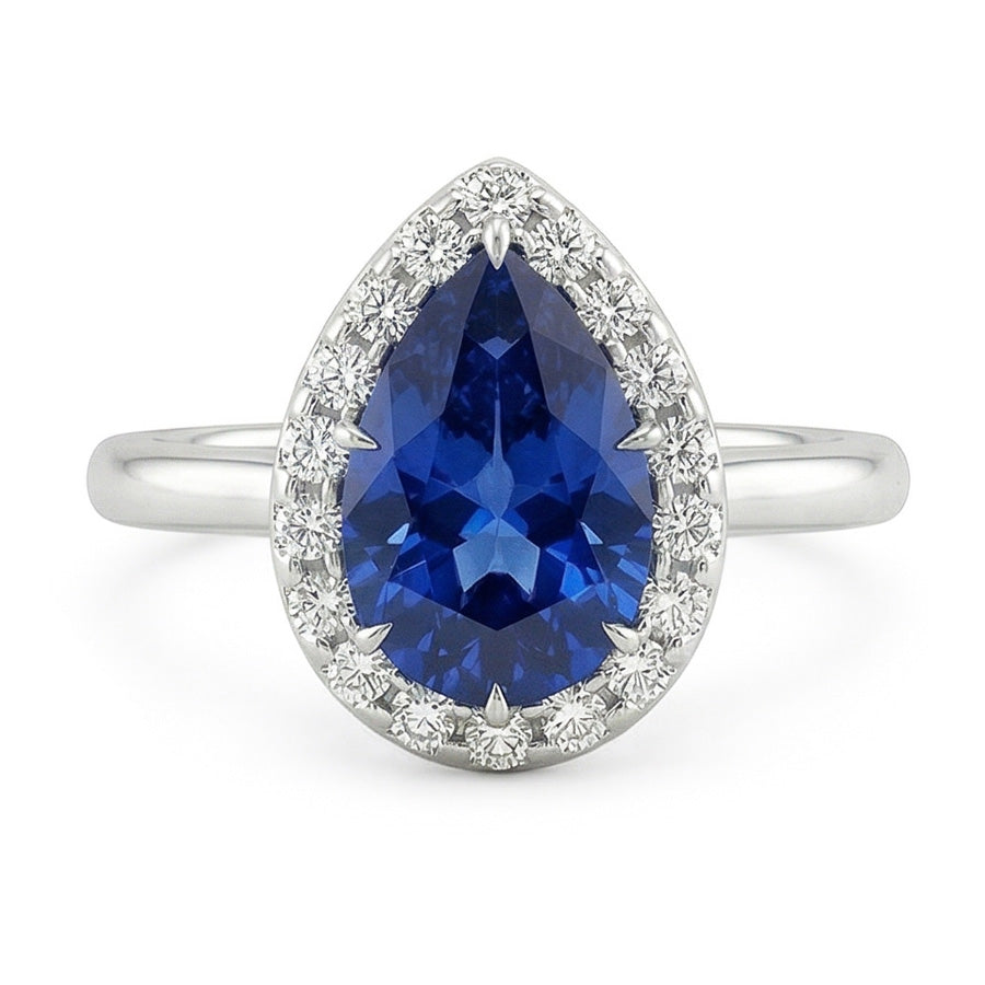 Classic Halo Natural Earth Mined Diamond Ring Pear Sapphire Center Gold 14K 6.75 Carats