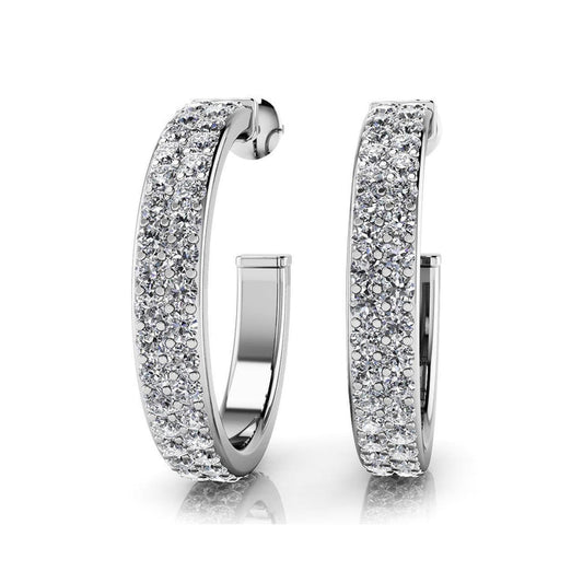 Classic Hoop Earrings Double Row Real 6 Ct Round Brilliant Cut Diamonds