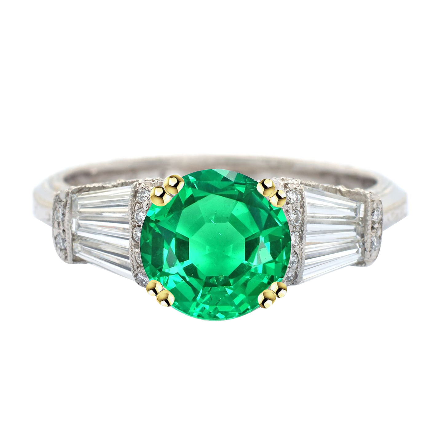 Fine Emerald Round Cut Colored Stone Ring in Two-Tone 14K Gold – main view