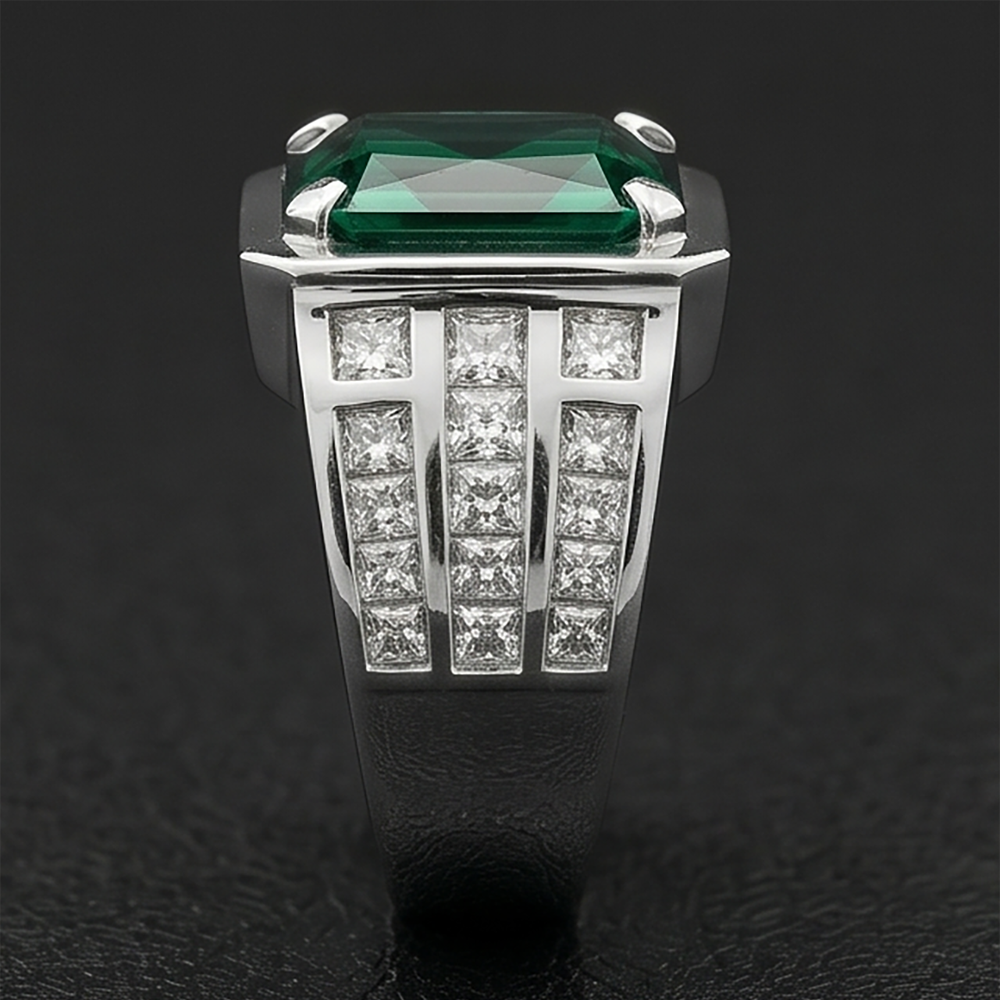 Colombian Emerald Radiant Cut Mens Ring 11.00 ct in 10K White