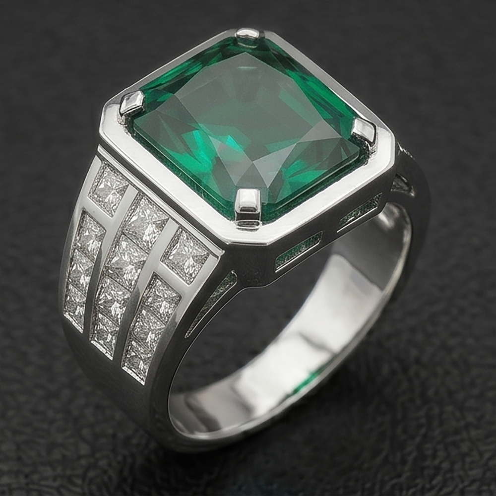Colombian Emerald Radiant Cut Mens Ring 11.00 ct in 10K White