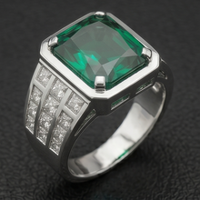 Colombian Emerald Radiant Cut Mens Ring 11.00 ct in 10K White