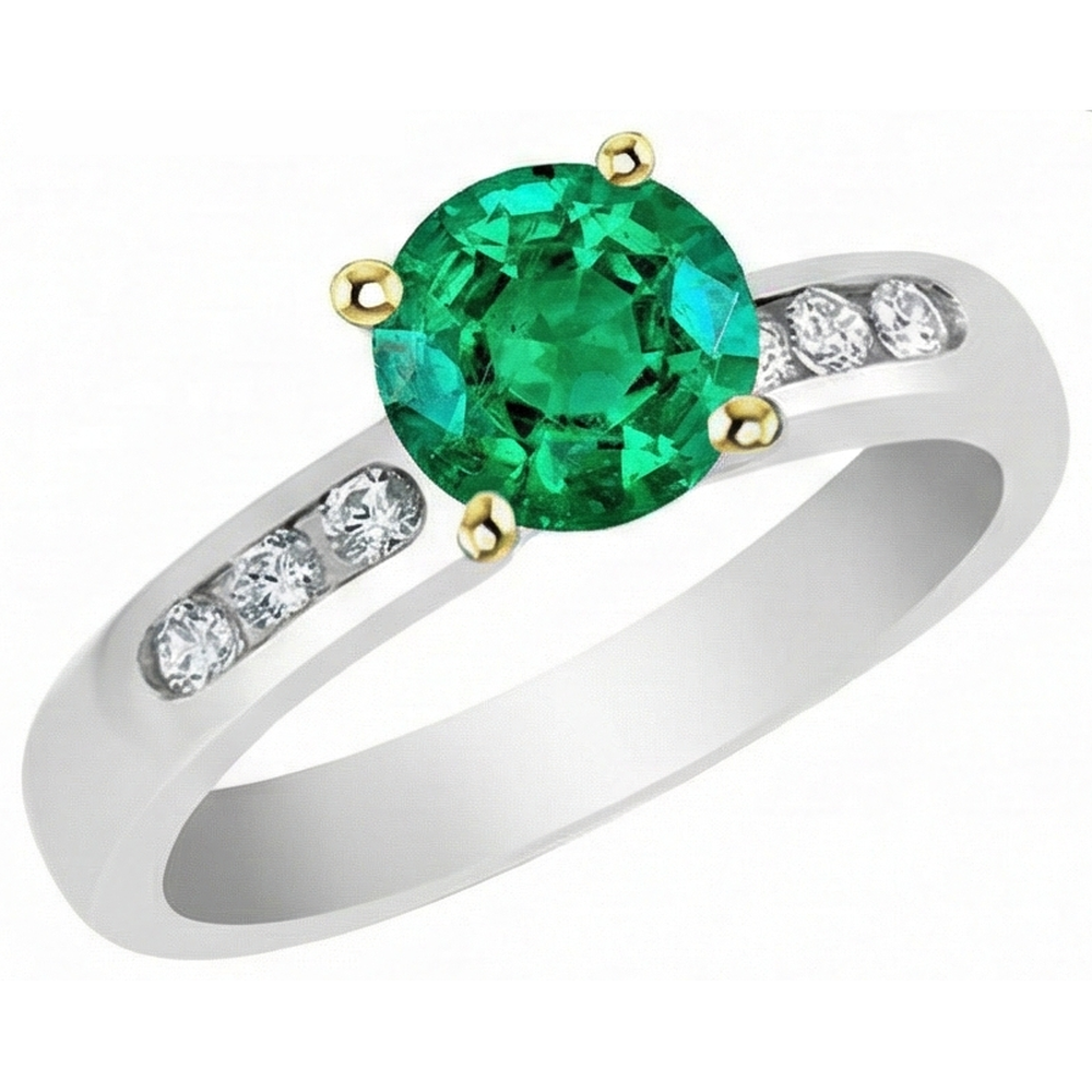 Colombian Emerald Round Cut Precious Stone Ring in 14K Two Tone Gold – profile view