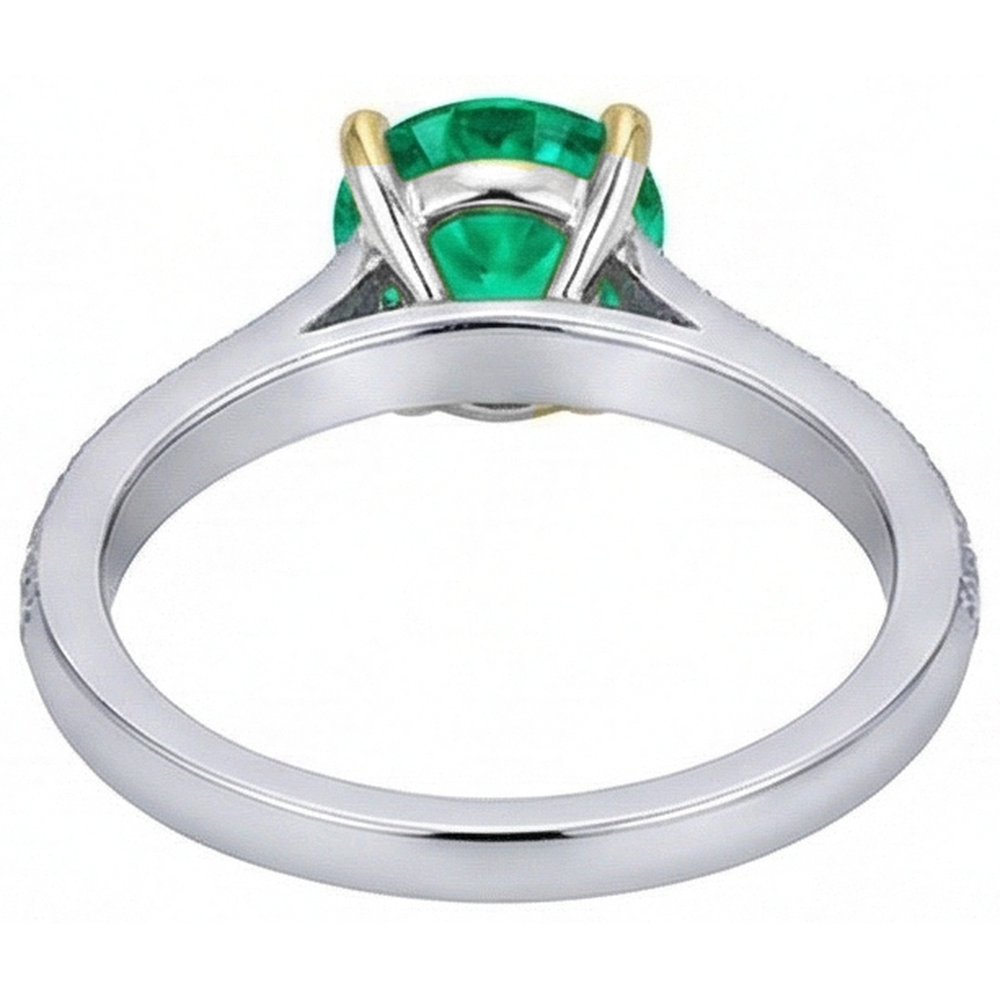 Colombian Emerald Round Cut Precious Stone Ring in Two-Tone 14K Gold – detail view