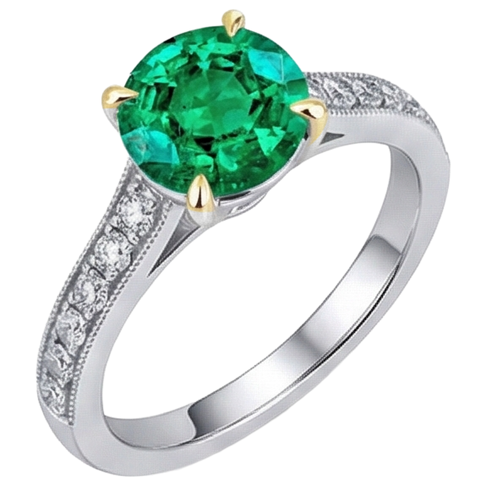 Genuine Colombian Emerald Precious Stone Ring 2.50 ct Two-Tone 14K Gold – front view