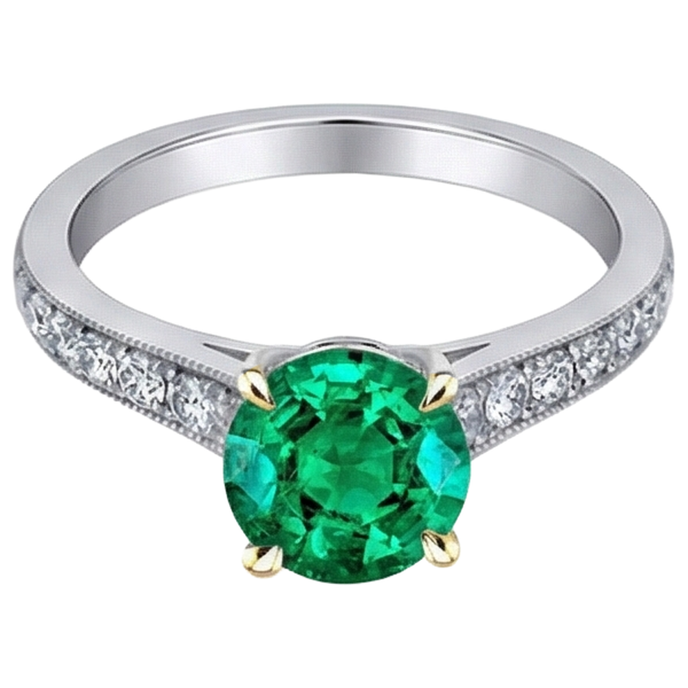 Round Cut Colombian Emerald ring in Two-Tone 14K Gold – side view