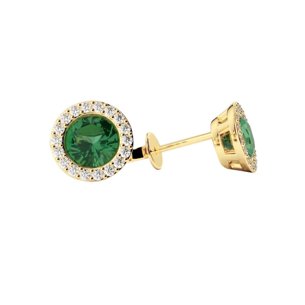 Colombian Green Emerald With Diamonds Stud Earrings Yellow Gold 5.20 Ct