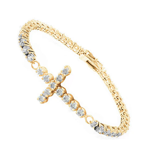 Cross Natural Diamond Tennis Bracelet 12 Carats Yellow Gold Round Cut Jewelry
