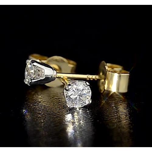 Crown Setting Round 1 Carat Diamond Stud Earrings Yellow Gold 14K