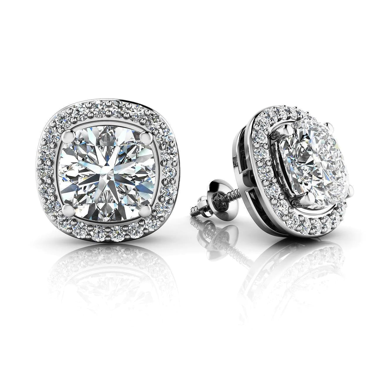 Cushion And Round Cut 3.44 Ct Real Diamonds Stud Halo Earrings White Gold 14K
