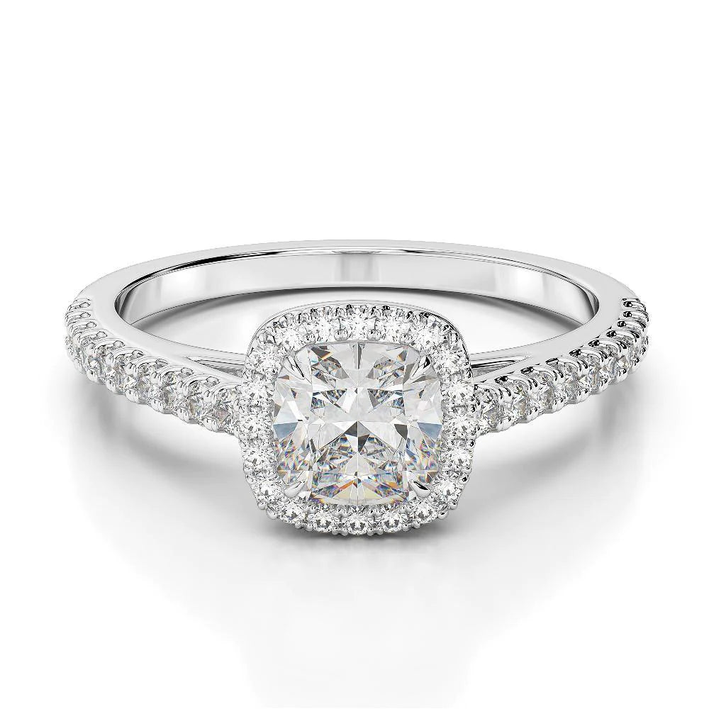 Cushion And Round Real Diamond 3.25 Carats Ring Halo White Gold 14K