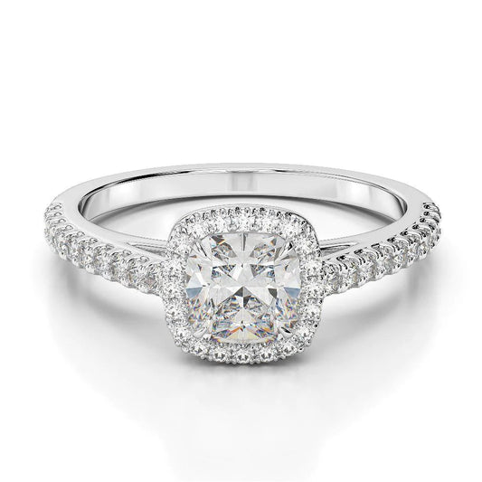 Cushion And Round Real Diamond 3.25 Carats Ring Halo White Gold 14K
