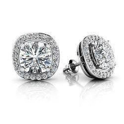 Cushion And Round Real Diamond Halo Stud Earrings 4.70 Carats Gold 14K
