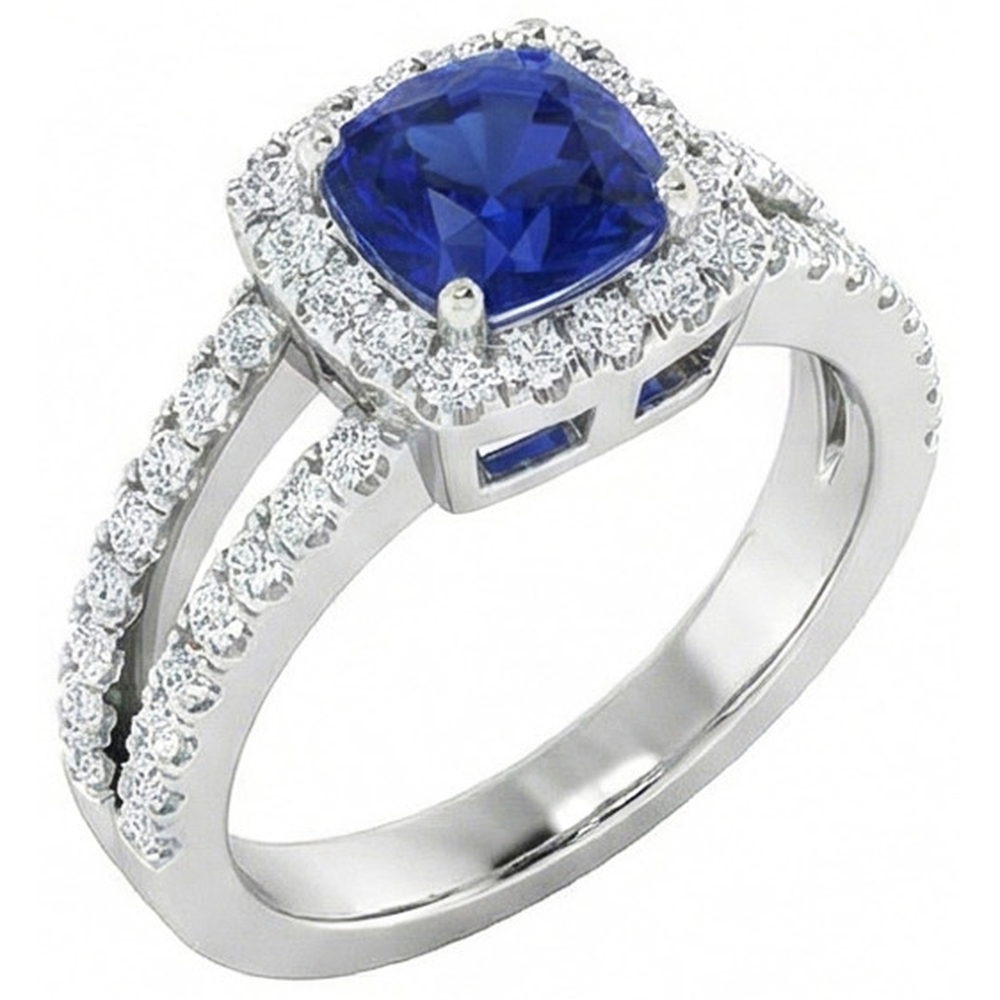 Cushion Blue Sapphire With Natural Earth Mined DIAMOND ( NOT LAB GROWN )s 4.50 Carats Ring White Gold 14K