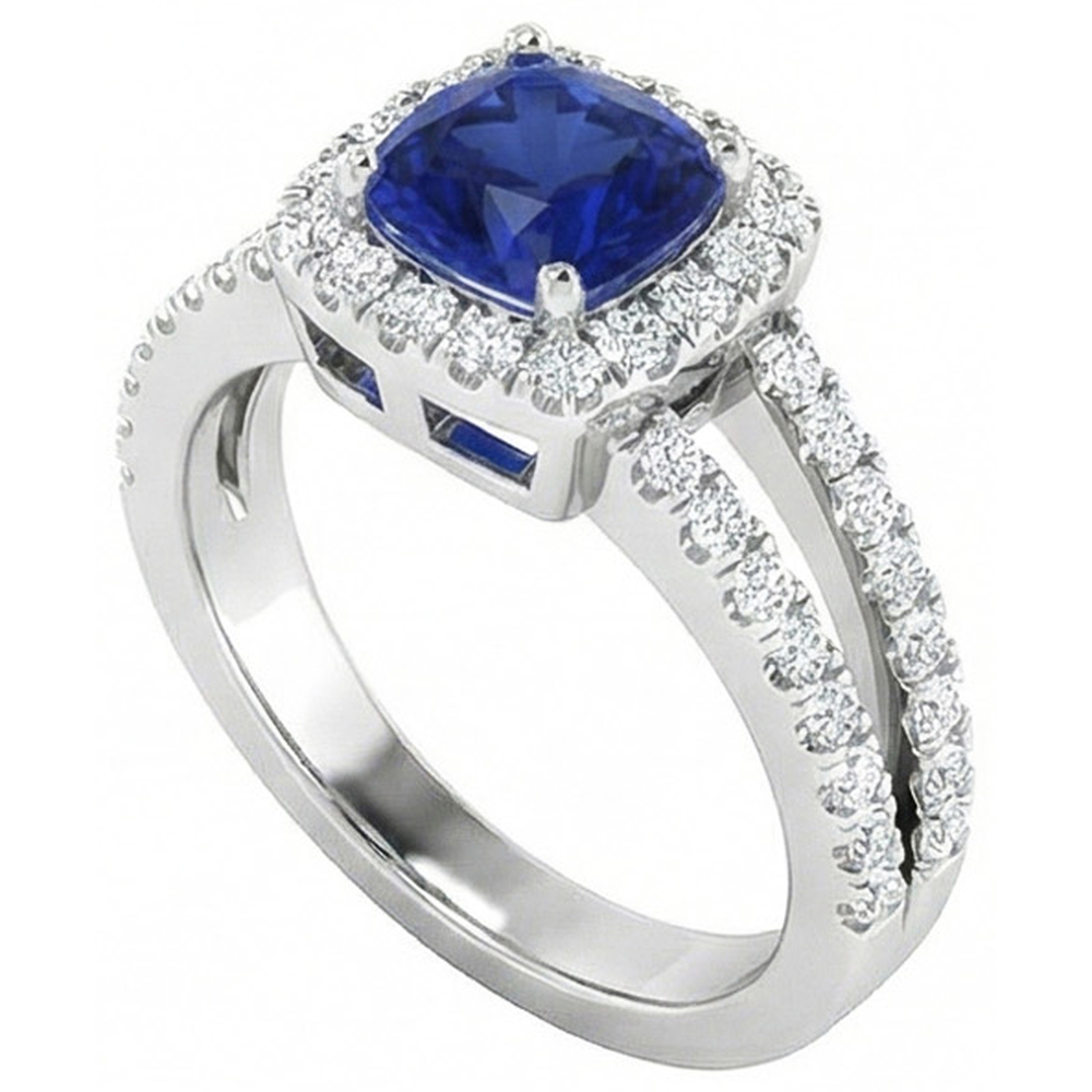 Cushion Blue Sapphire With Natural Earth Mined DIAMOND ( NOT LAB GROWN )s 4.50 Carats Ring White Gold 14K