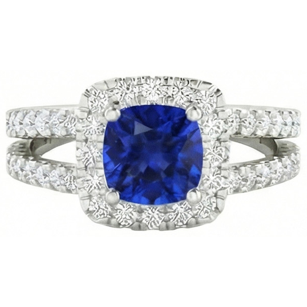 Cushion Blue Sapphire With Natural Earth Mined DIAMOND ( NOT LAB GROWN )s 4.50 Carats Ring White Gold 14K