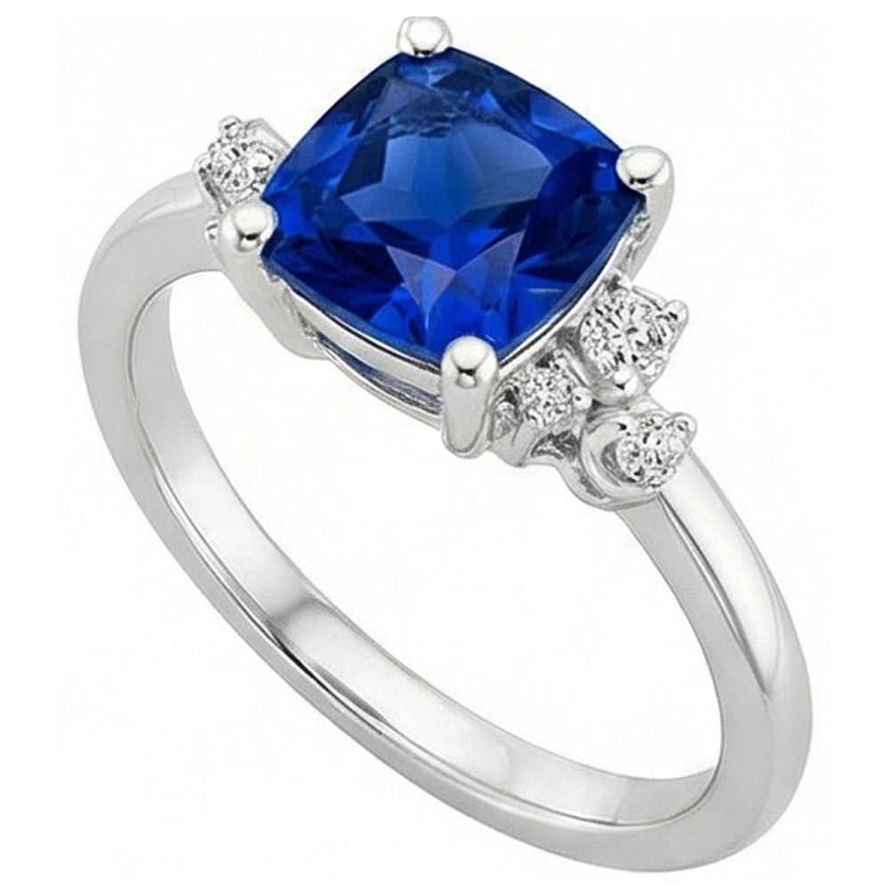 Cushion Blue Sapphire & Natural Earth Mined Diamond Engagement Ring 2.50 Carats White Gold