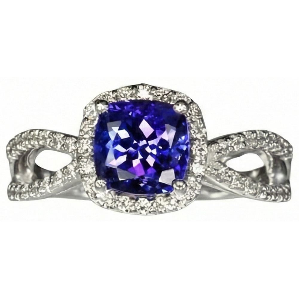 Cushion Blue Tanzanite And Natural Earth Mined Diamond Ring 5.50 Carats White Gold 14K