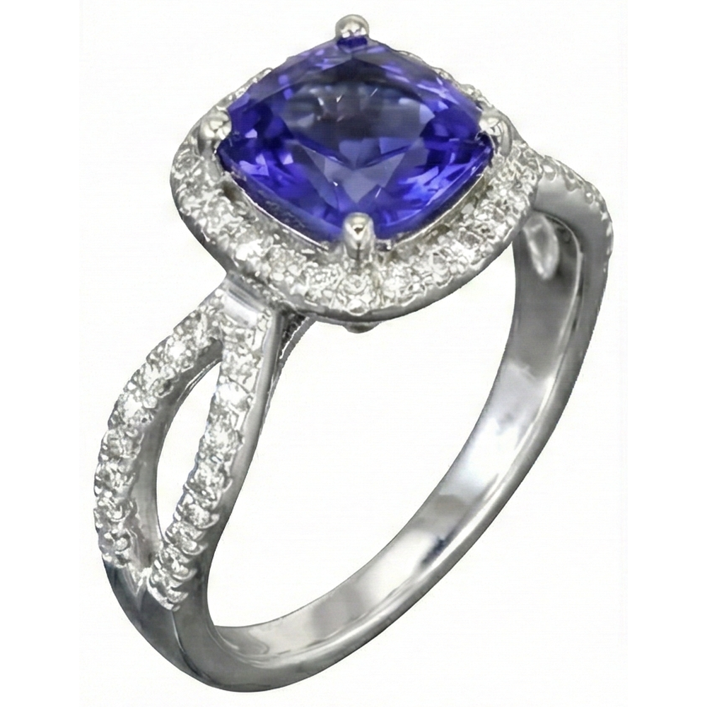 Cushion Blue Tanzanite And Natural Earth Mined Diamond Ring 5.50 Carats White Gold 14K